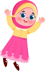 Joyful Girl in Pink Hijab and Dress, Leaping with Excitement