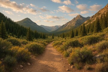 Serene Hiking Trail Through Scenic Mountains Under Soft Clouds