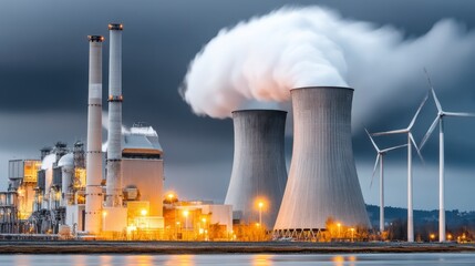 Industrial power plant with cooling towers, smokestacks, and wind turbines at dusk.