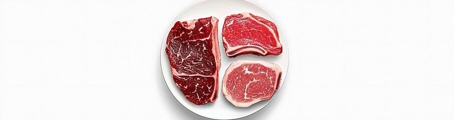 Obraz premium Raw meat portions are displayed on a white plate against a white background, for culinary use