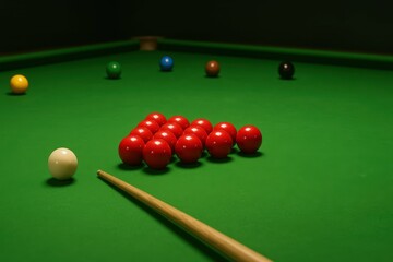 Snooker Table with Red Balls and White Cue in a Green Scene