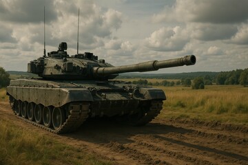 Military Tank on Dirt Road in Serene Landscape Under Cloudy Sky