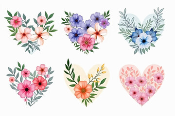 watercolor love shape set of colorful flowers, flower, floral, pattern, vector, design, illustration, flowers, nature, pink, art, spring, leaf, decoration, summer, plant, seamless, heart, beauty, wall