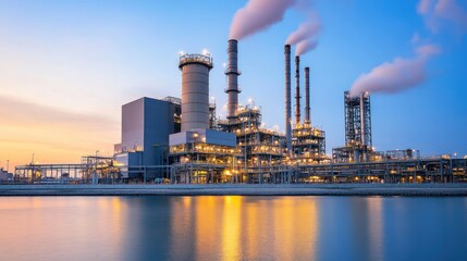 Obraz premium Industrial factories at dusk, with towering smokestacks and gas spouts emitting billows of smoke