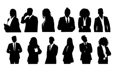 Silhouette business people, men and women. Vector illustration black on white background . Avatar, icons for website, social media, online conference, video chat, web meeting.