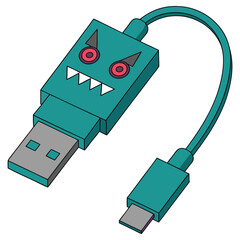 Cartoon USB Cable with Angry Expression and TypeC Connector on White