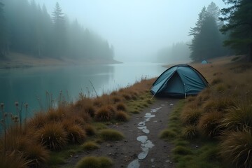 A trail of footprints leading from a tent to a misty riverbank.

