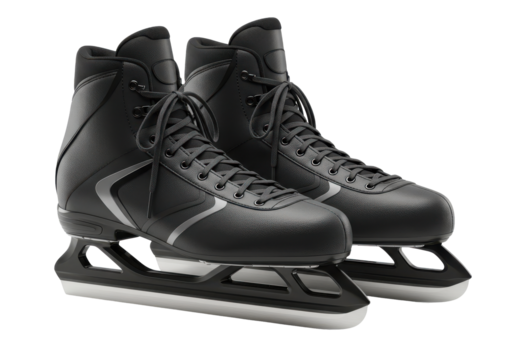 Black ice skates positioned on a white background, showcasing sleek design for winter sports