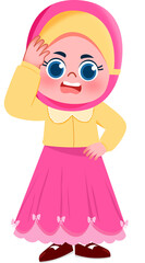 Adorable Cartoon Girl in Hijab, Hand on Forehead, Forgetful Expression