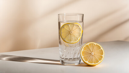 Minimalist glass of lemon water on white table with soft beige background and shadows.