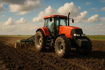 Fototapeta premium Orange Tractor Plowing Fields Under Blue Sky with Clouds