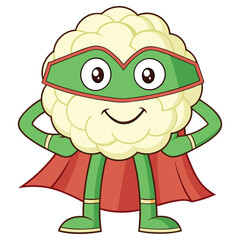 Cartoon Smiling Cauliflower Superhero with Green Mask and Red Cape Isolated