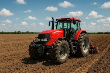 Red Tractor on Field Under Blue Sky with Clouds and Green Landscape