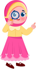 Curious Girl in Hijab with Magnifying Glass, Pointing