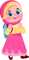 Joyful Girl in Pink Hijab and Full Skirt, Carrying Backpack