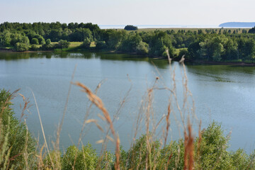 A serene lake landscape with trees, sky and water reflection in the summer