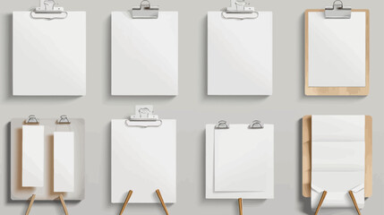 Realistic 3d blank a4 vertical paper sheets and cards with wooden holders for mockups, menus templates and booklet designs