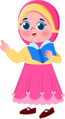 Cute Girl in Hijab, Pointing and Holding Open Book, Illustration