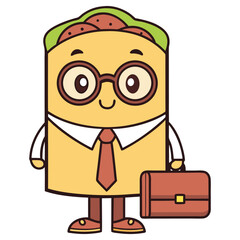 Animated Taco Character with Tie, Briefcase, and Glasses Isolated on White