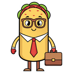 Cartoon Taco Character with Glasses, Shirt, Tie, Briefcase on Transparent Background