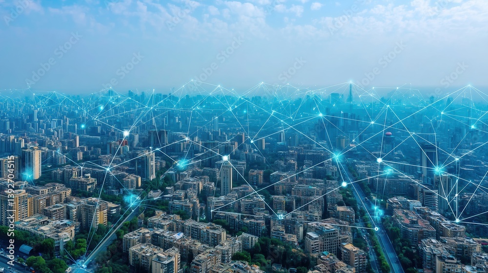Leinwandbilder abstract futuristic smart city concept with glowing digital network connections over blue metropolis