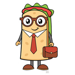 Food Burrito Character Wearing Business Suit with Tie and Briefcase on White
