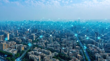 Abstract futuristic smart city concept with glowing digital network connections over blue metropolis skyline, top view of interconnected urban infrastructure with data transfer visualization. Technolo