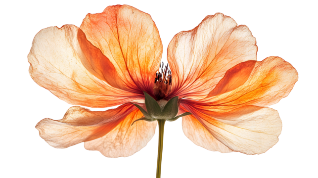 Pressed dried cosmos flower showing orange and coral hues on transparent background