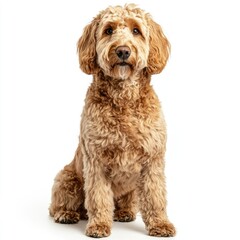 Adorable golden-brown dog sitting, looking directly at the camera.  Fluffy coat, healthy and well-groomed