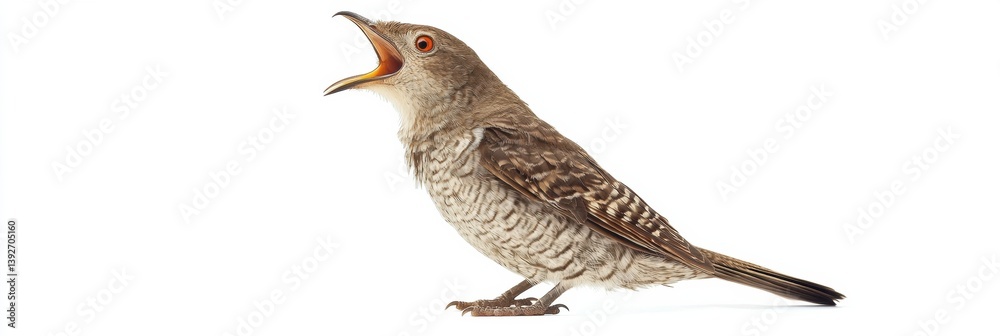 Poster Cuckoo bird calling with open beak and expressive feathers centered on white background in daylight