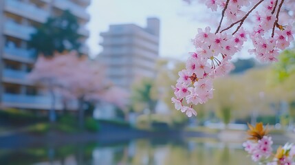 Sakura blooms near a park pond reflecting city buildings. A calm nature background is suitable for cards