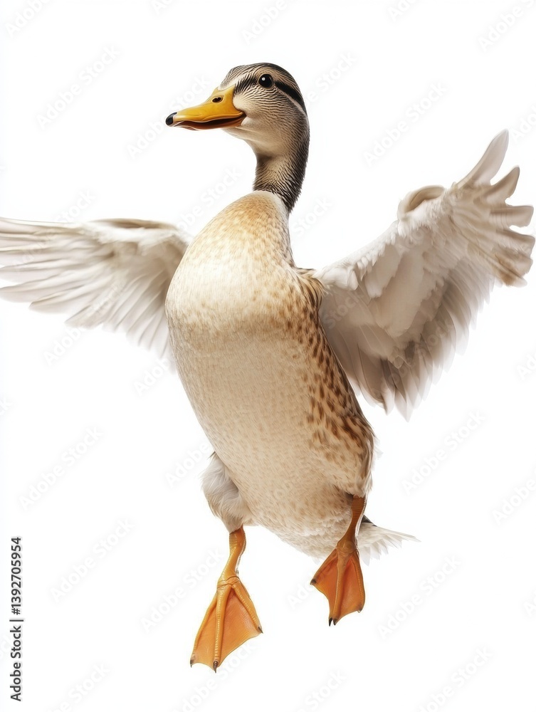 Aufkleber duck leaps into the air with wings spread wide in a humorous freeze frame on a plain white backgroun