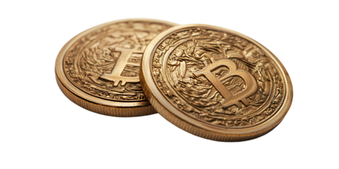 A detailed illustration of two gold coins with the Bitcoin logo, symbolizing Bitcoin's growing influence in modern business and finance. Isolated on a white background