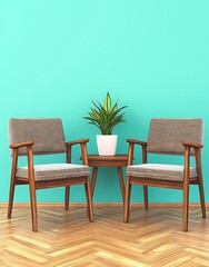 Seating for two by plant against a blue wall. Interior design for home or office