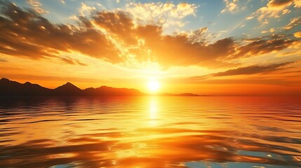 Fototapeta premium Seascape. Sun setting over water. Clouds reflecting on the ocean. Use for travel or inspirational projects