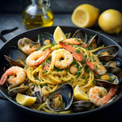 pasta with shrimps, Vibrant Seafood Pasta Dish In Black Skillet Arrangement