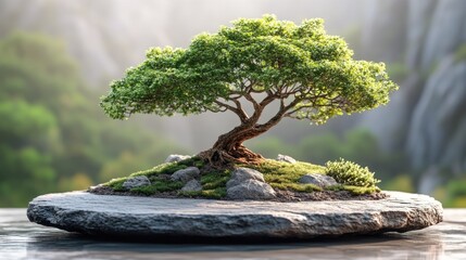 Serene Bonsai: A miniature bonsai tree, with a lush canopy and intricate roots, finds its home on a stone pedestal amidst a tranquil landscape