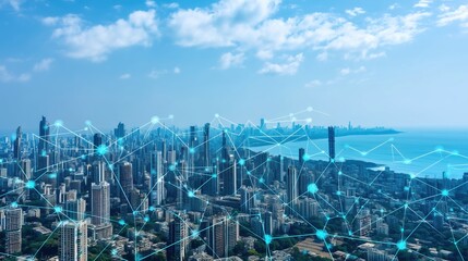 Abstract futuristic smart city concept with glowing digital network connections over blue metropolis skyline, top view of interconnected urban infrastructure with data transfer visualization. Technolo