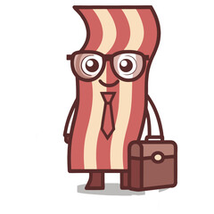 Cartoon Bacon Strip Character with Glasses, Tie, and Briefcase on White