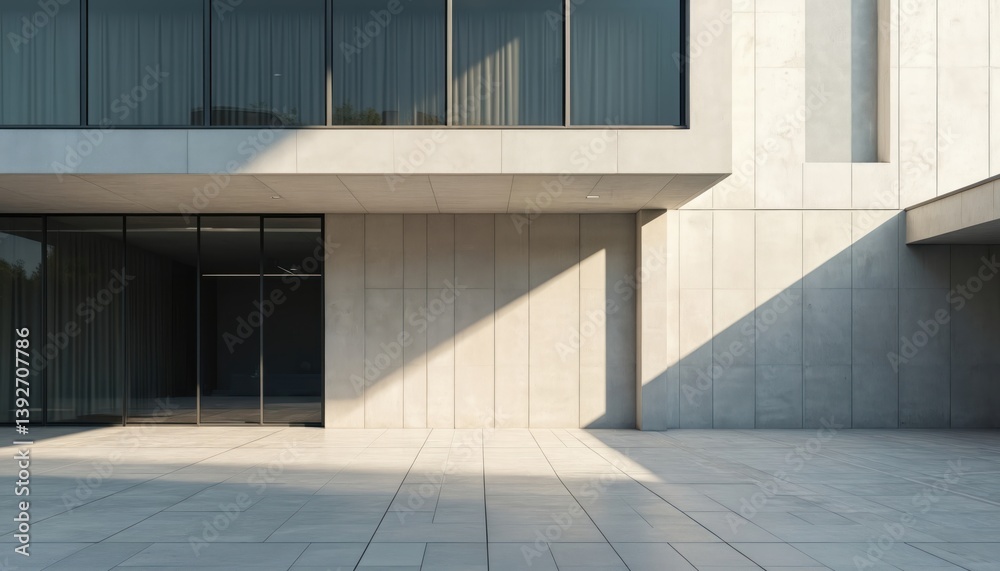 Poster Ground level view of modern building facade. Contemporary architecture with clean lines, cement wall, minimalist design. Sunny day with shadows on exterior, empty space for concepts.