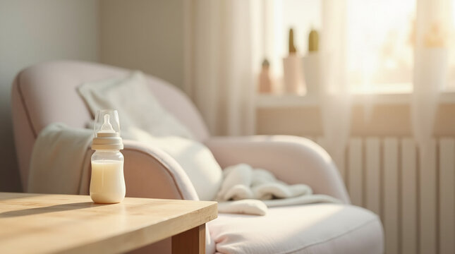 Baby bottle with milk on a table in the baby's room with a nursing chair in the background