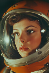 vintage astronaut actress in retro futurism sci-fi film wearing space helmet	