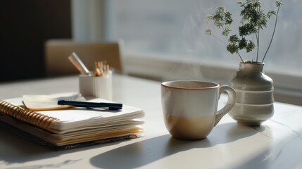 Morning Coffee Ritual: A serene scene unfolds as the aroma of fresh coffee mingles with a soft light, illuminating a writer's workspace, a moment of quiet contemplation.