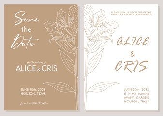Elegant Wedding Invitation, Save the Date template. Minimalist botanical stylish Wedding invitation card with trendy greenery line art Lily flower Vector sketch style illustration.