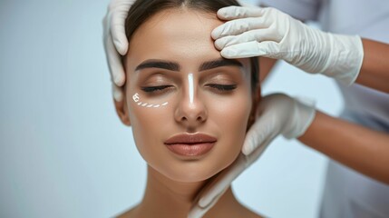 plastic surgery, beauty, Surgeon or beautician touching woman face, surgical procedure that involve altering shape of nose, doctor injection to prepare for rhinoplasty, medical assistance, health