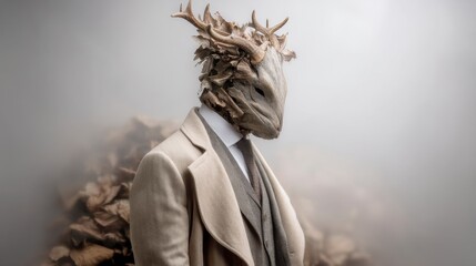 Fototapeta premium A figure in a beige suit and a unique, antler like headpiece stands in a misty outdoor setting. The overall tone is muted and mysterious.