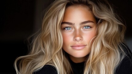 Naklejka premium Blond woman with healthy, glowing skin and long wavy hair