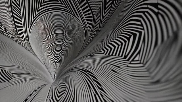 Geometric Abstraction: Striking monochrome artwork showcasing a dynamic interplay of lines, shapes, and patterns creating a mesmerizing vortex effect.