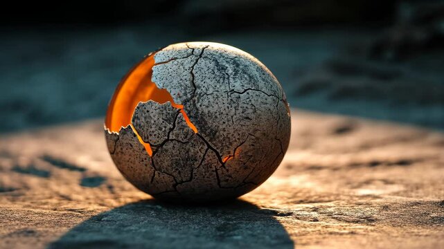Close-up of a cracked egg shell on a smooth surface, details in texture and contrast.