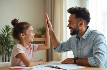 Happy father gives high five smiling little daughter at home. Dad praises small girl, happy with homework. Joyful family moment, homeschooling children education, positive parenting.